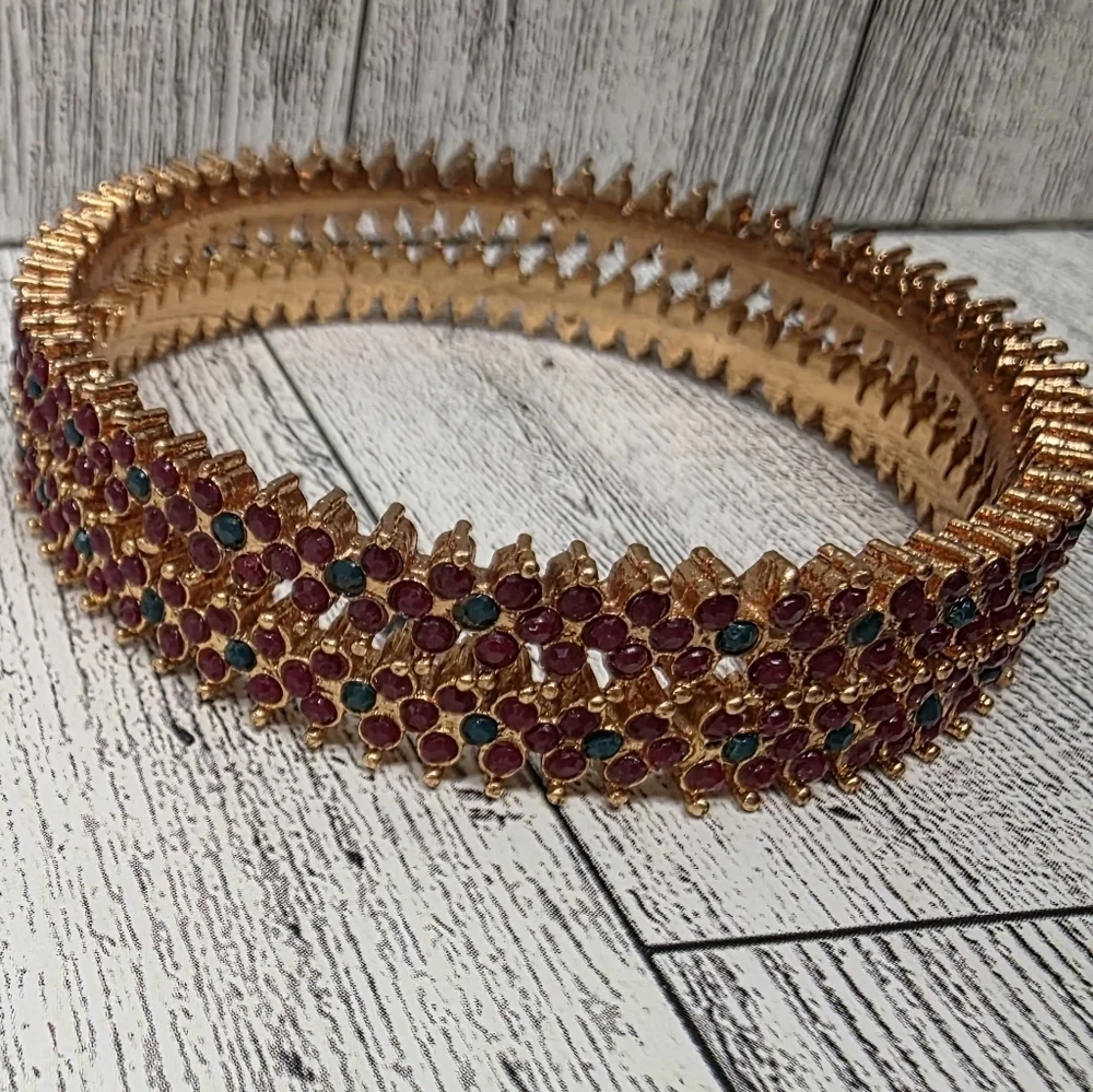 Gold and Red Gemstone Bangle Bracelet